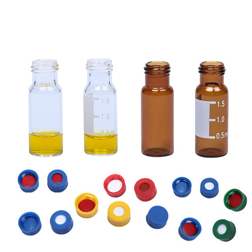 A Moonter Autosampler Vials White PTFE/Red Silicone Septa for 9-425 Screw Top Vial 2ml Amber Glass Sample Vials with Write-on Spot and Graduations 9mm Blue Screw Cap with Hole Set of 100
